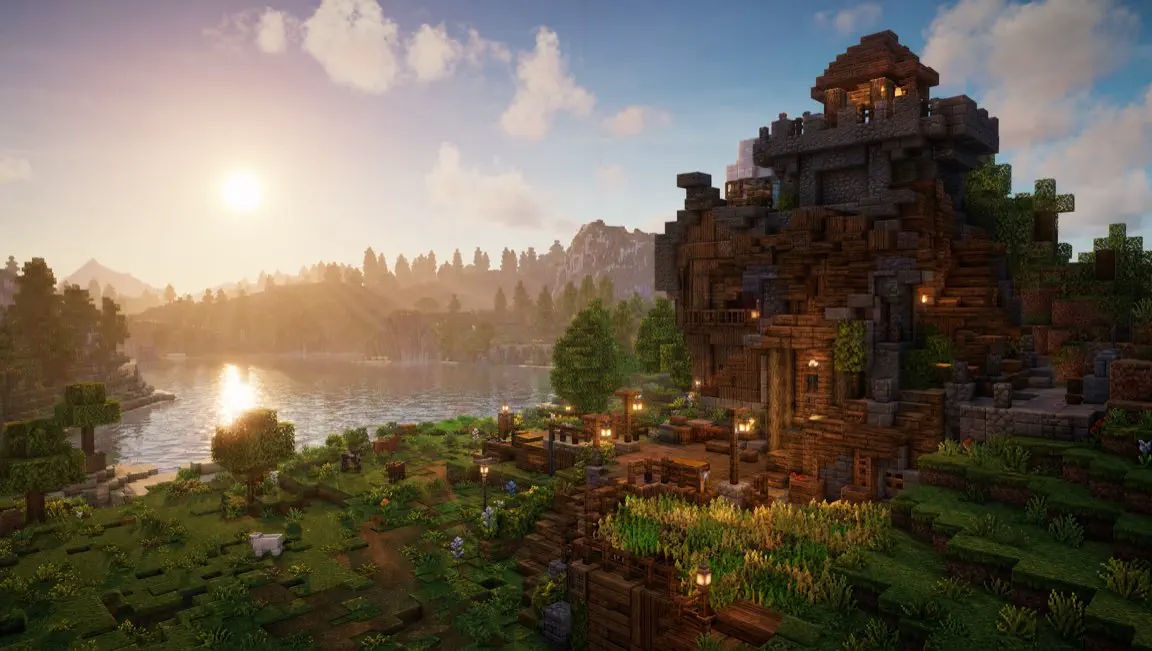Minecraft-style survival build at sunrise